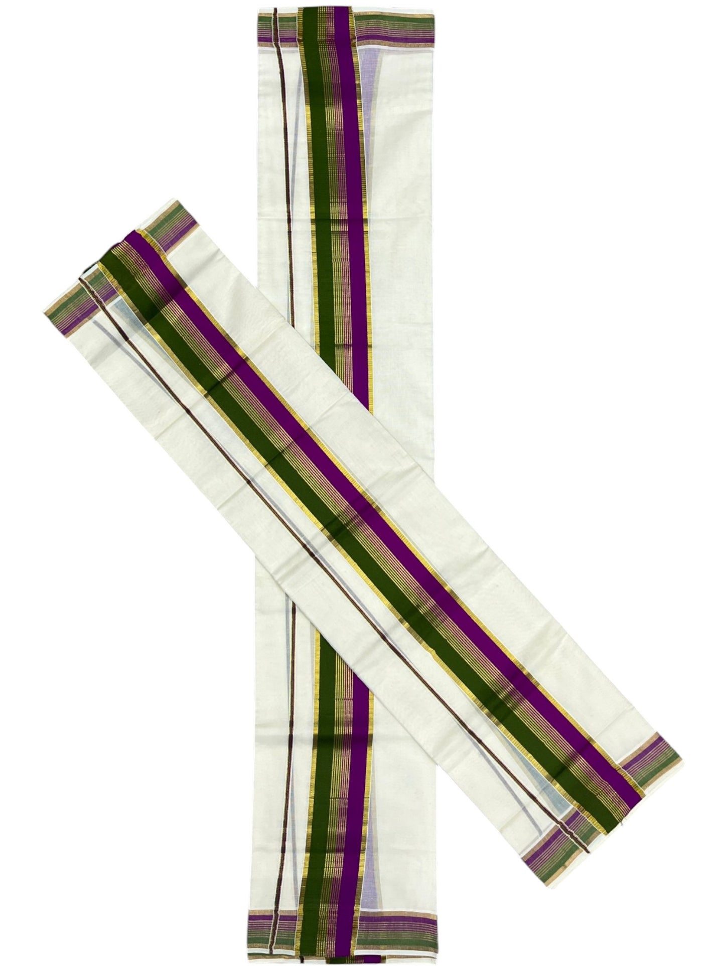 Southloom Kerala Cotton Kasavu Single Set Mundu (Mundum Neriyathum) with Olive Green And Magenta Kasavu Border SLKK