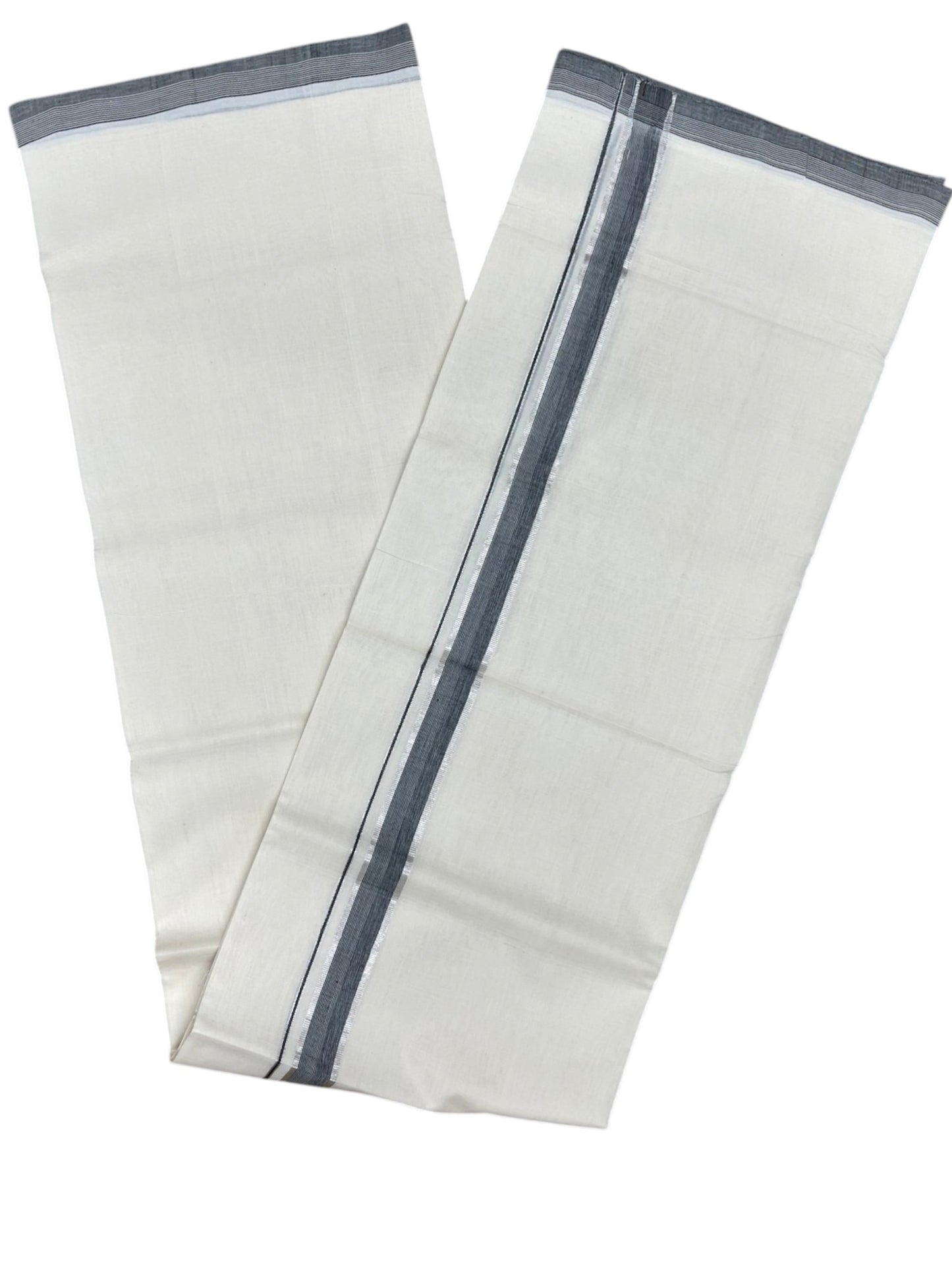 Southloom Unakkupaavu Premium Handloom Cotton Double Mundu with Silver Kasavu and Grey Border