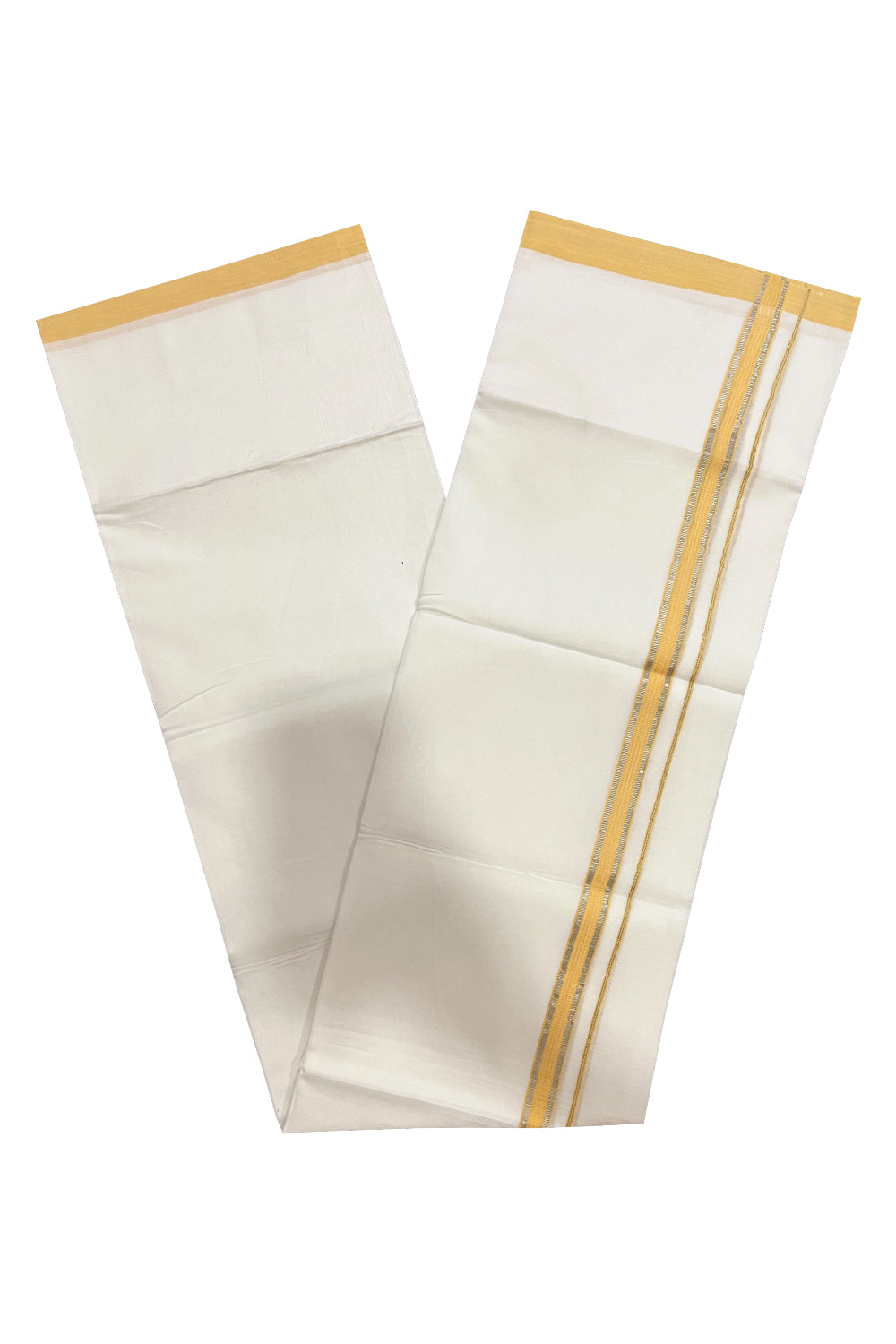 Pure White Kerala Double Mundu with Silver Kasavu and Yellow Kara (South Indian Kerala Dhoti)