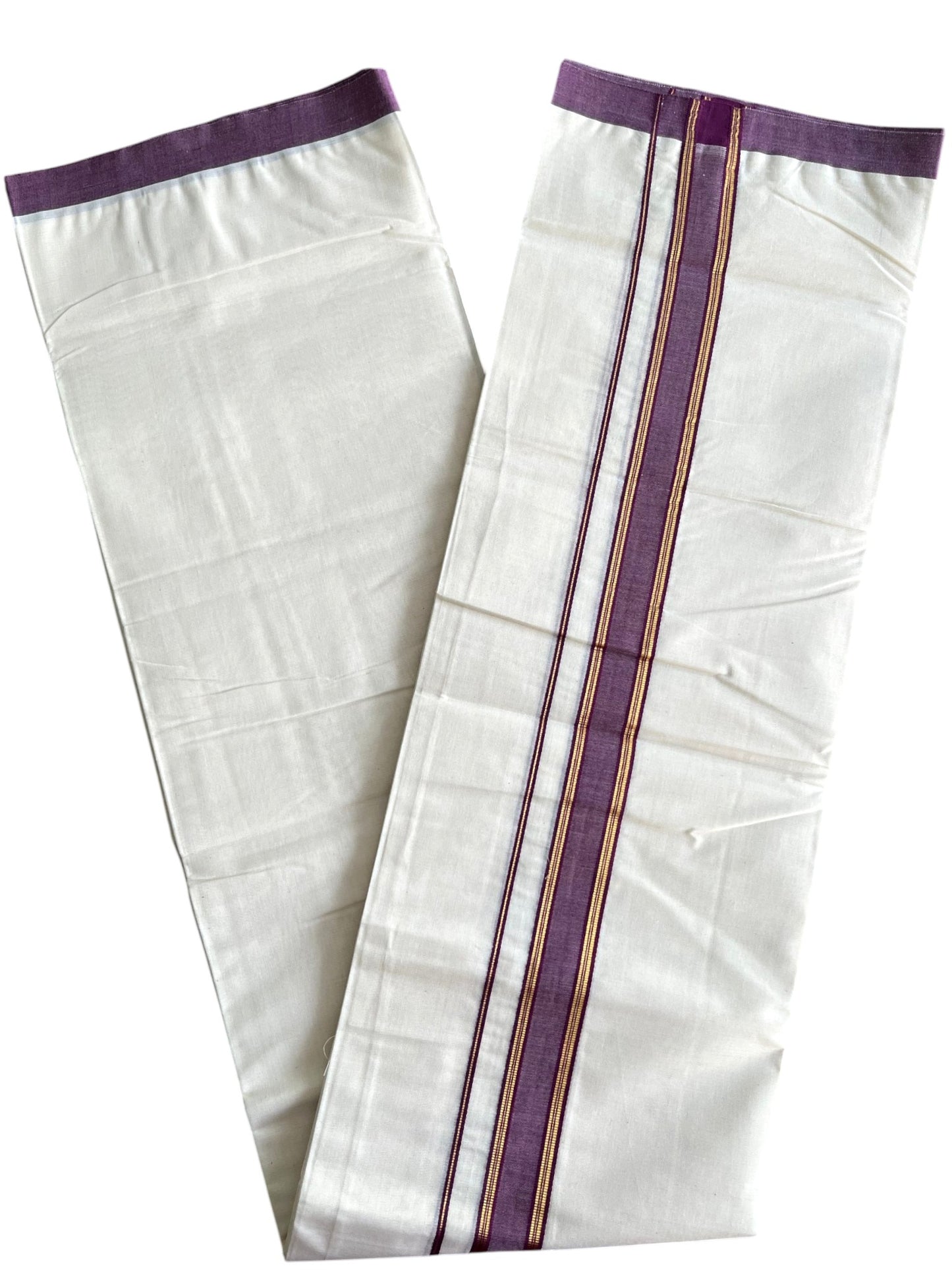 Southloom Pure Cotton Mundu with Golden Lines and Purple Border (South Indian Kerala Dhoti)