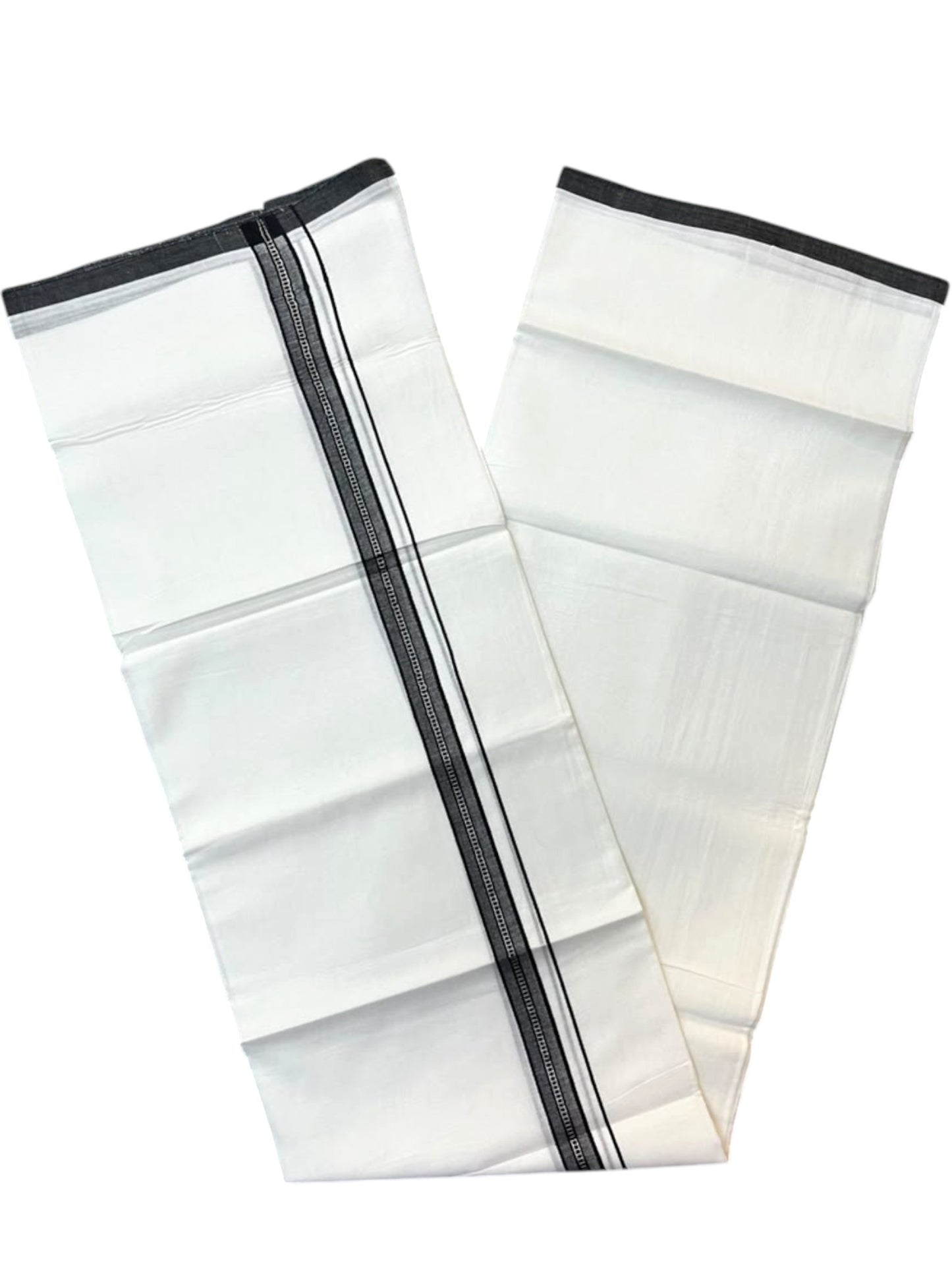 Southloom Pure White Cotton Mundu with Black & Silver Line Border (South Indian Kerala Dhoti)
