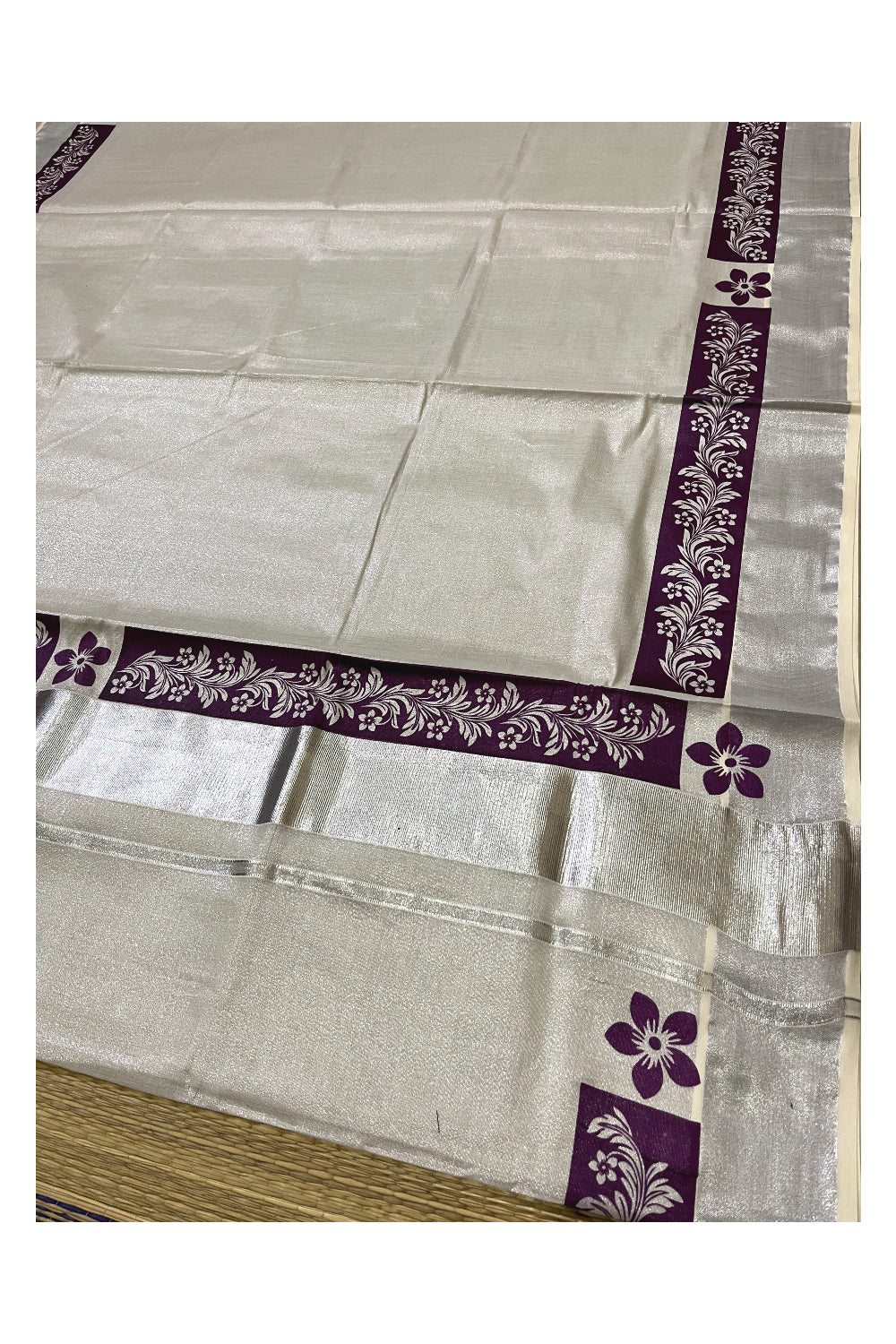 Kerala Silver Tissue Kasavu Saree with Purple Floral Block Prints and Silver Border