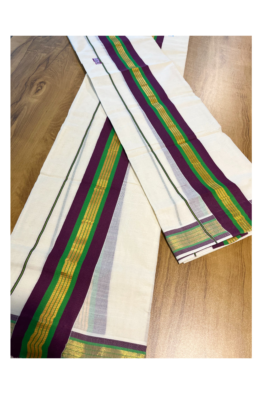 Kerala Cotton Kasavu Set Mundu (Mundum Neriyathum) with Purple and Green Border 2.80 Mtrs