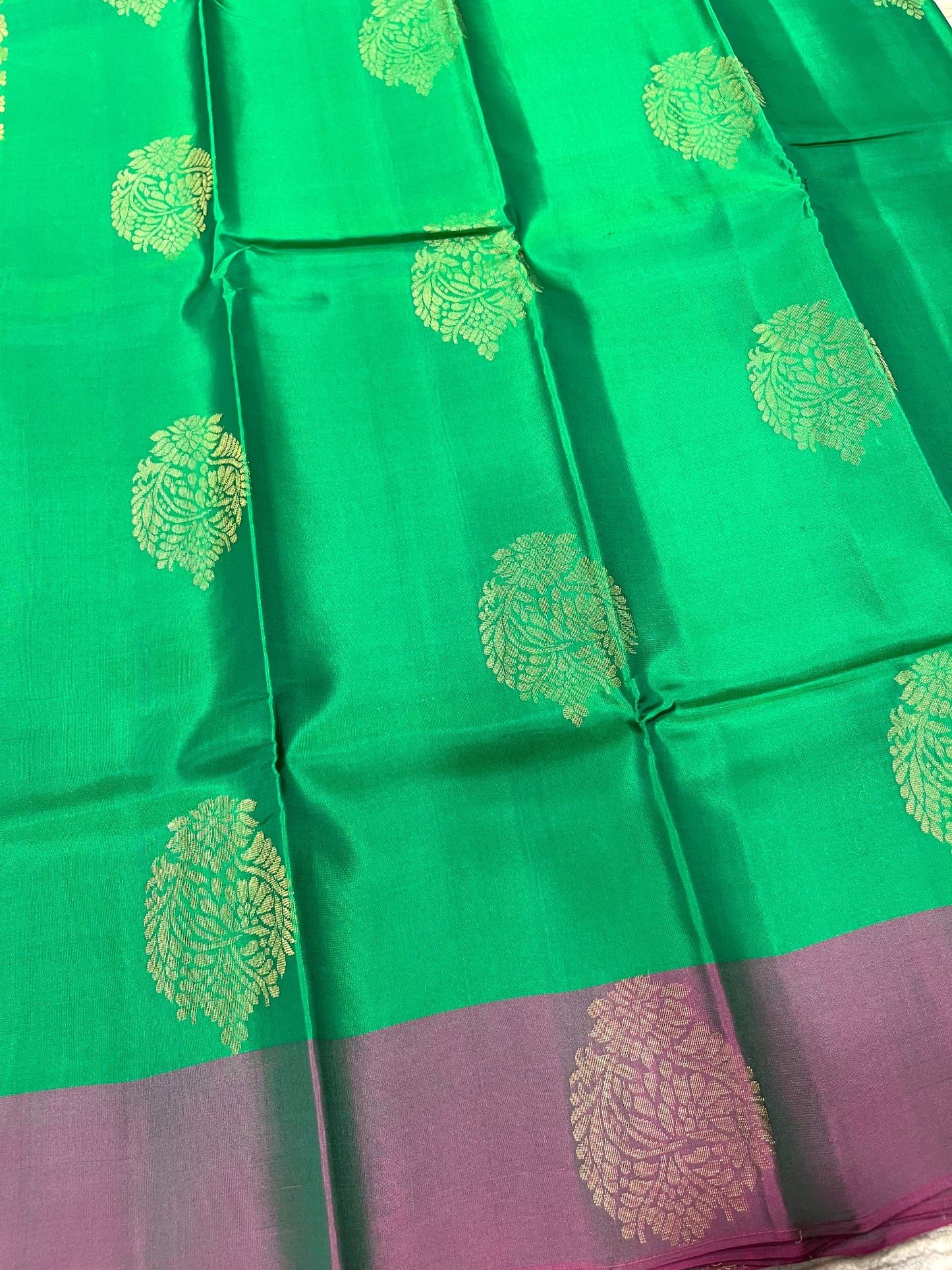 Southloom Pure Handloom Kanchipuram Silk Saree with Butta Work (Green & Magenta)