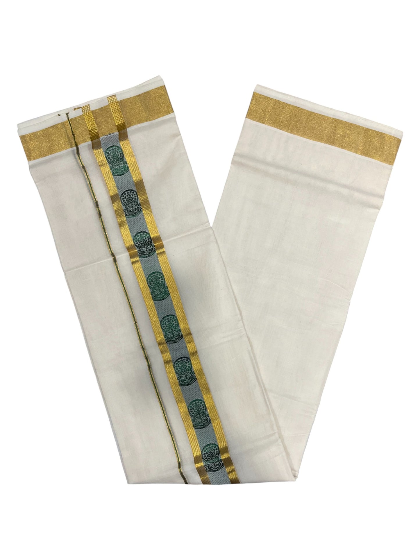 Southloom Premium Handloom Cotton Double Mundu with Gold And Green Woven Work Kasavu Border