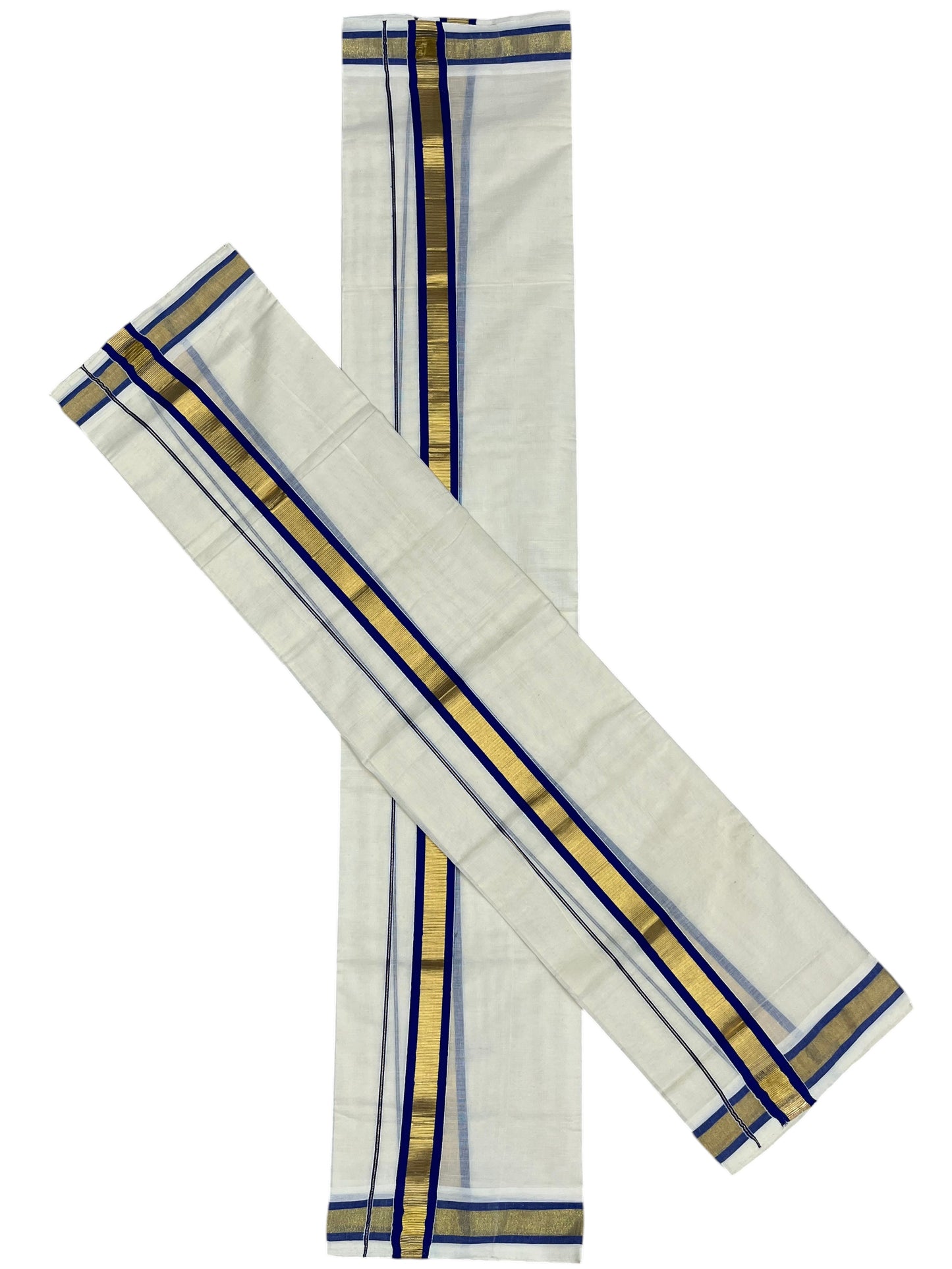 Southloom Pure Cotton Kerala Kasavu Set Mundu (Mundum Neriyathum) Gold Kasavu & Blue Border 2.80 Mtrs