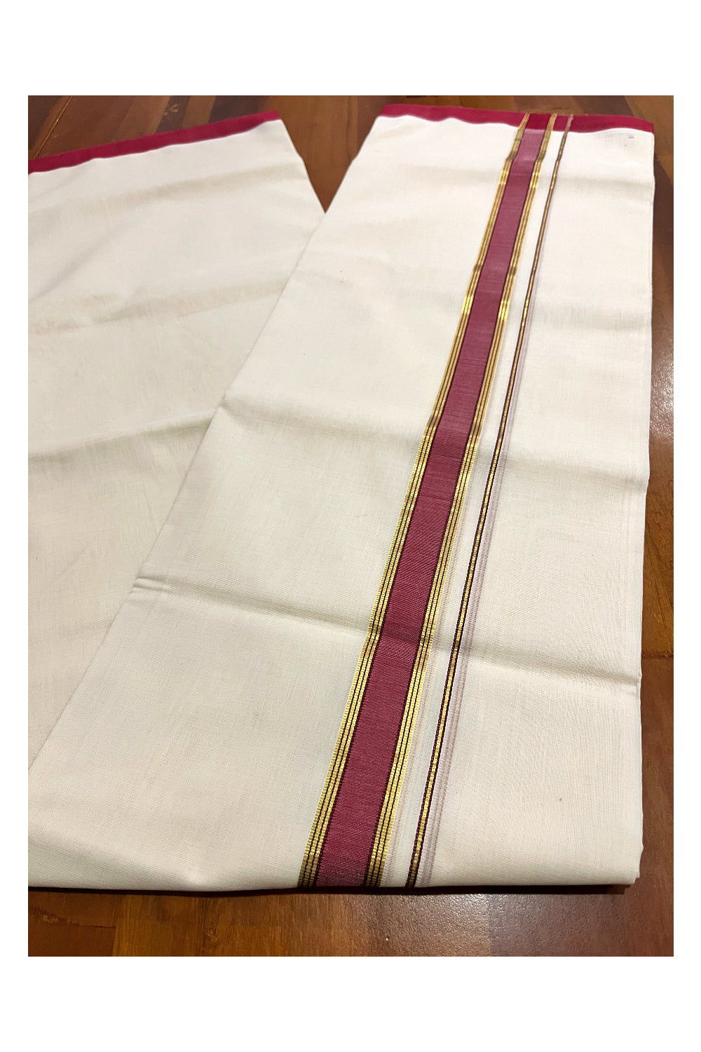 Southloom Premium Balaramapuram Unakkupaavu Handloom Kasavu Mundu with Maroon Border (South Indian Kerala Dhoti)