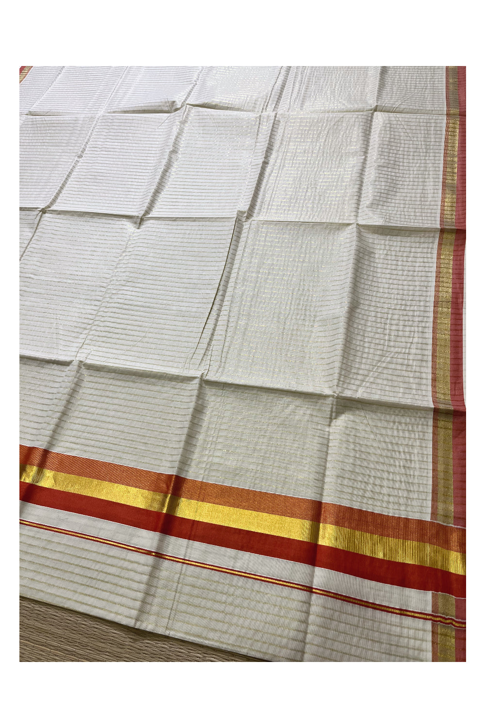 Pure Cotton Kerala Kasavu Lines Design Saree with Orange Border