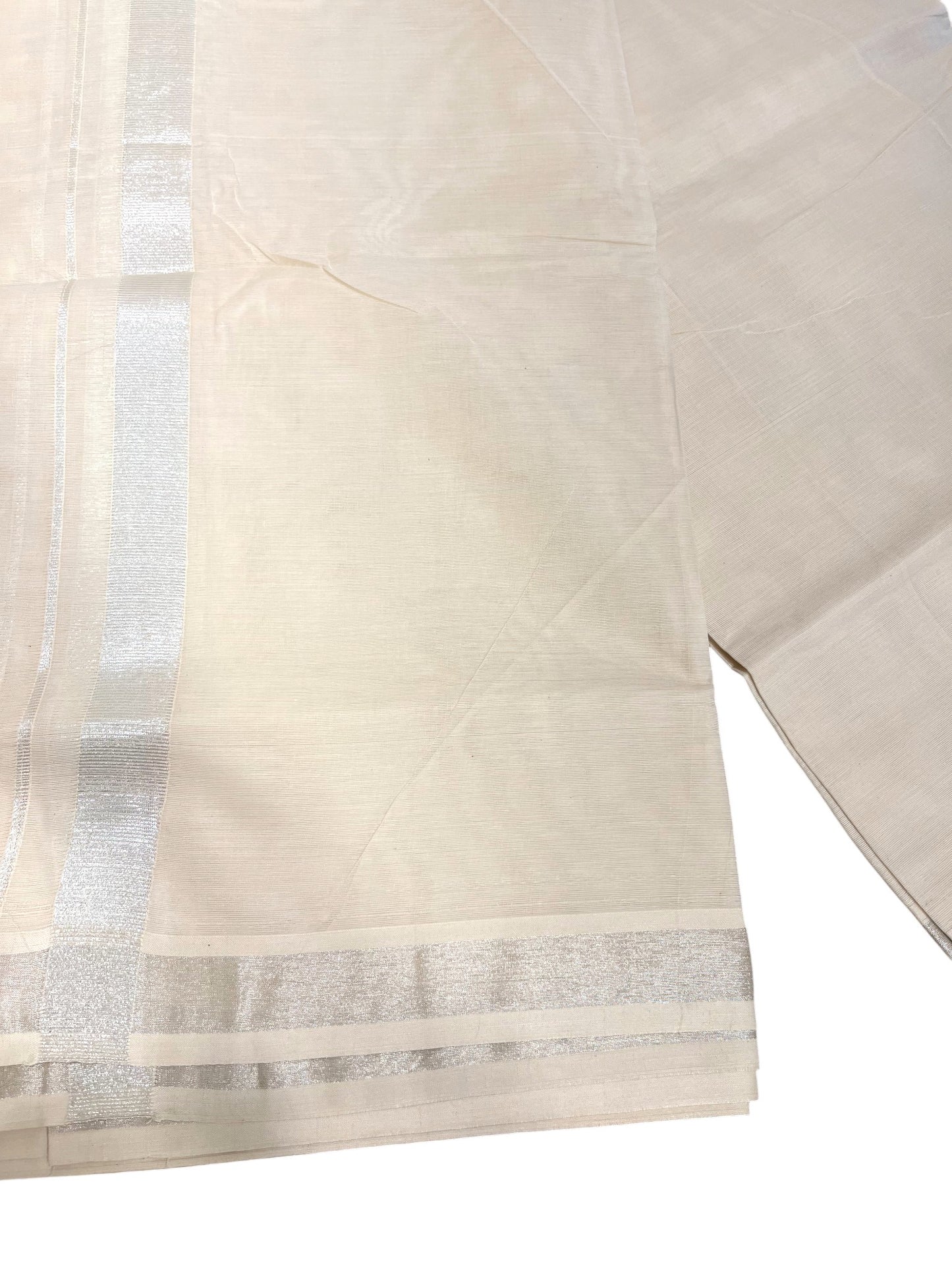 Kerala Cotton Double Mundu with Silver Border  (South Indian Dhoti)