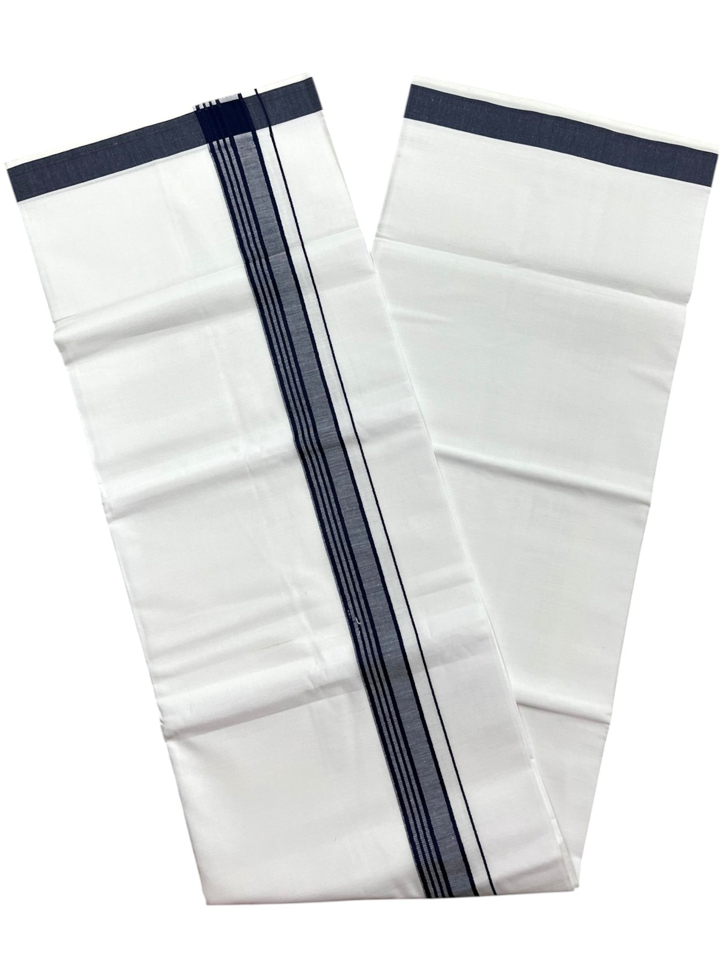 Southloom Pure White Cotton Mundu with Blue Lines Border (South Indian Kerala Dhoti)