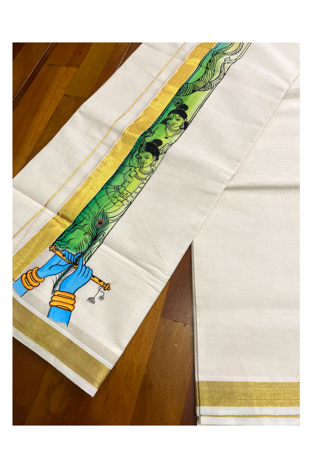 Kerala Pure Cotton Double Mundu with Krishna Mural Hand Painted Design on Kasavu Border (South Indian Kerala Dhoti)