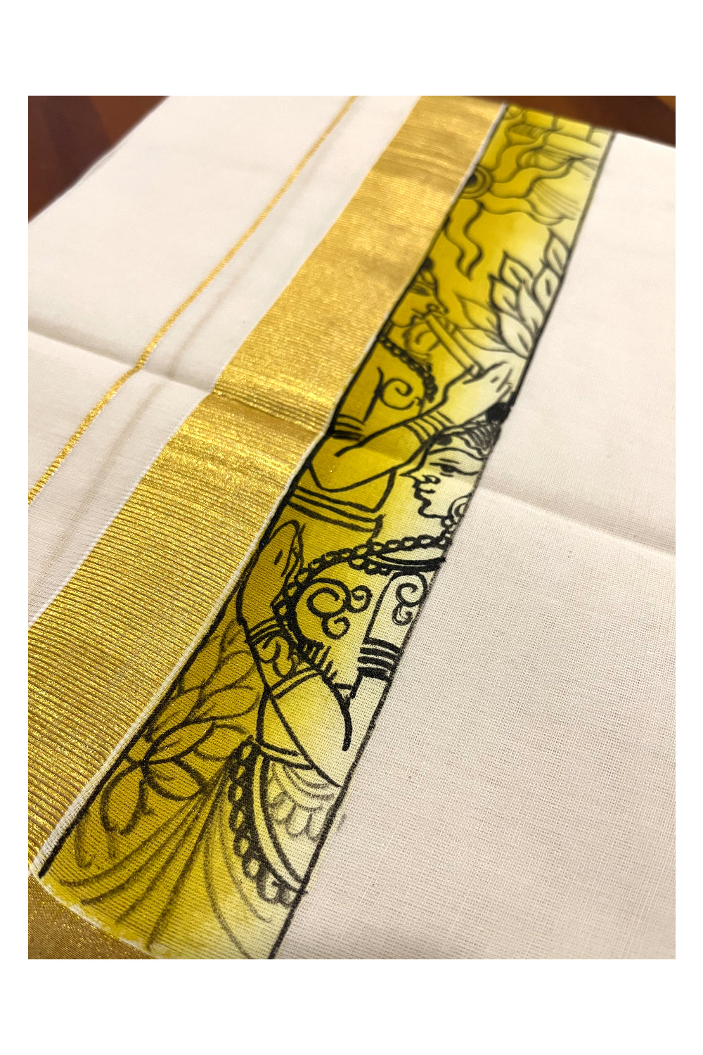 Pure Cotton Kasavu Mundu with Mural Hand Painted Border (Onam Mundu 2023)