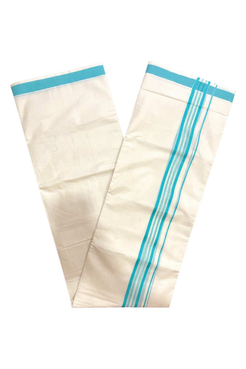 Kerala Cotton Double Mundu with Turquoise Line Border (Onam Mundu 2023)