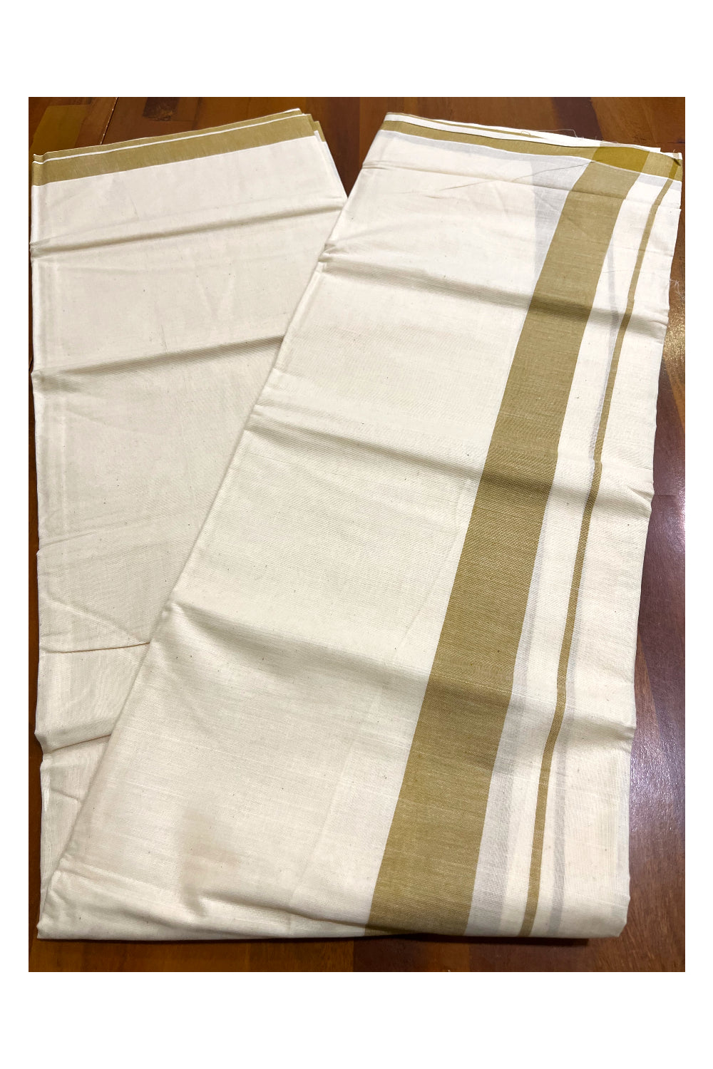 Kerala Pure Cotton Double Mundu with Olive Green Kara (South Indian Kerala Dhoti)