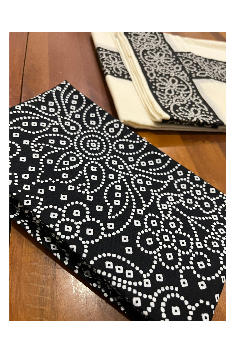 Kerala Cotton Set Mundu (Mundum Neriyathum) with Black Block Prints and Seperate Blouse Piece