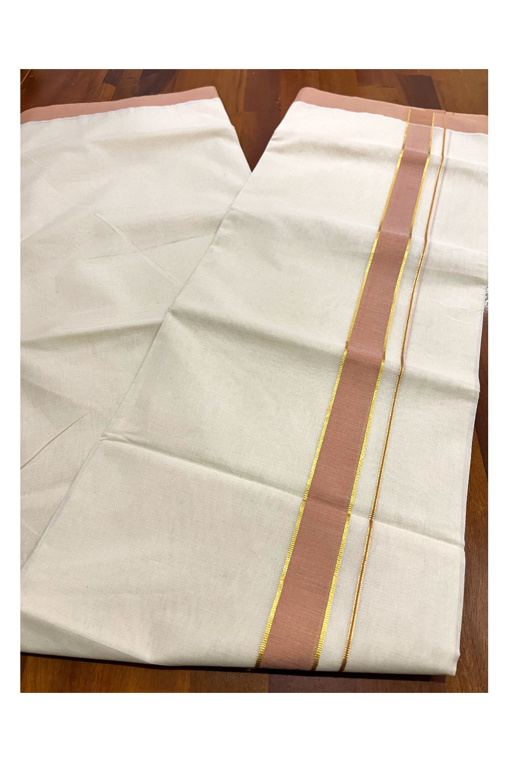 Pure Cotton 100x100 Double Mundu with Light Brown and Kasavu Border (South Indian Kerala Dhoti)