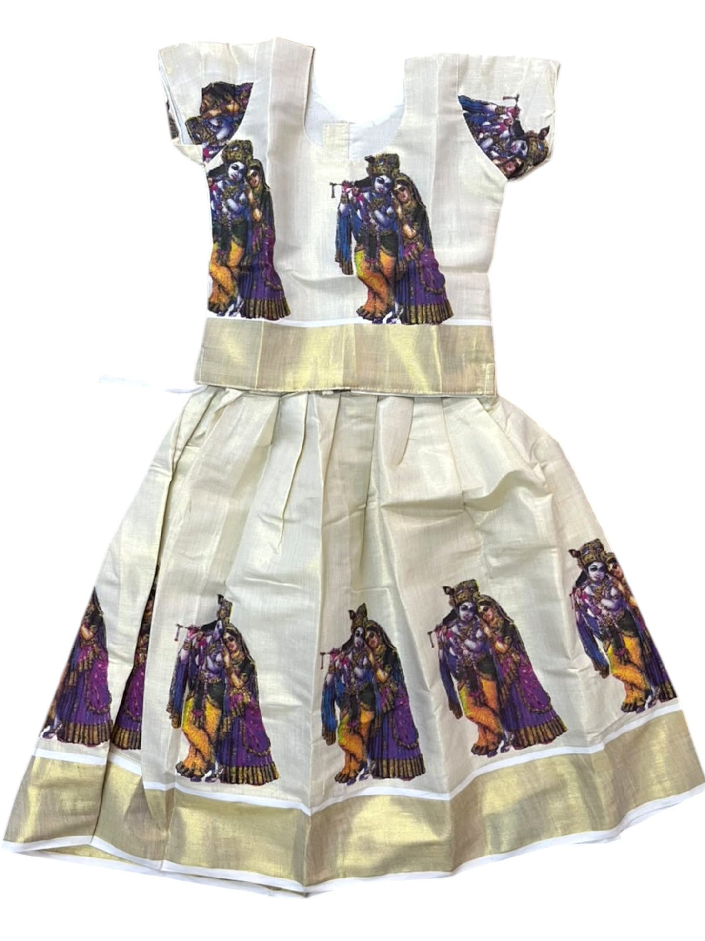 Southloom Kerala Tissue Kasavu Krishna Radha Digital Printed Pavada & Blouse with for Kids