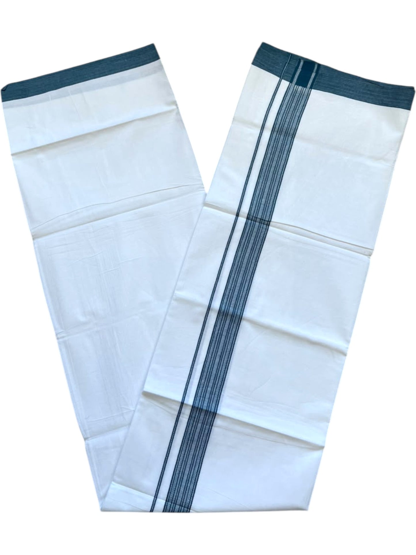 Southloom Pure White Single Cotton Mundu with Peacock Blue Border (South Indian Kerala Dhoti)