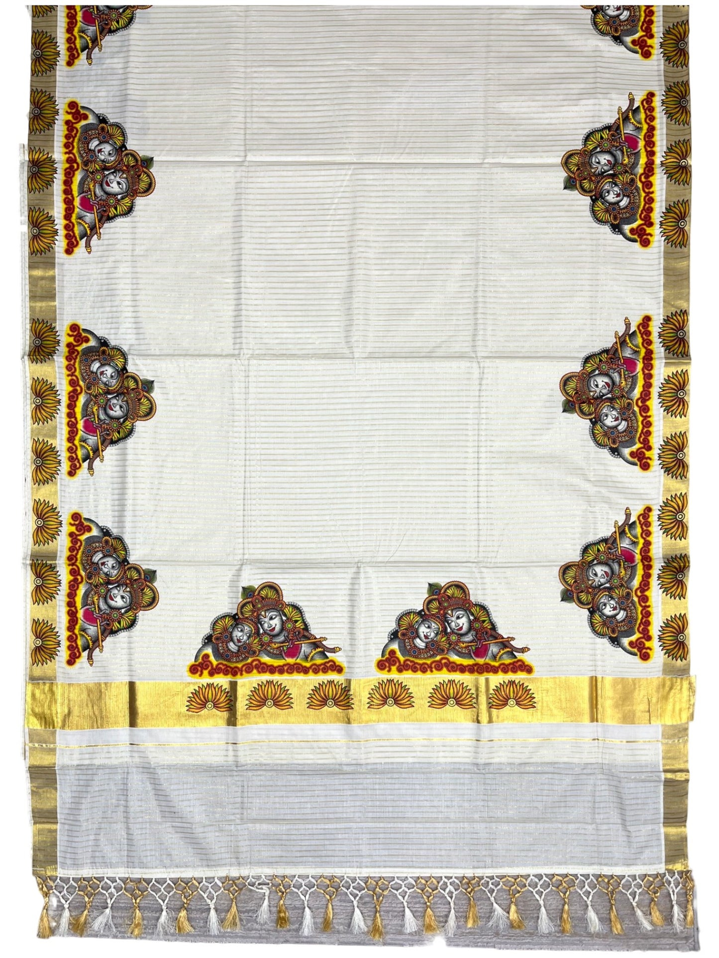 Southloom Pure Cotton Kerala Kasavu Lines Saree with Krishna Radha Mural Printed Art Design and Printed Border