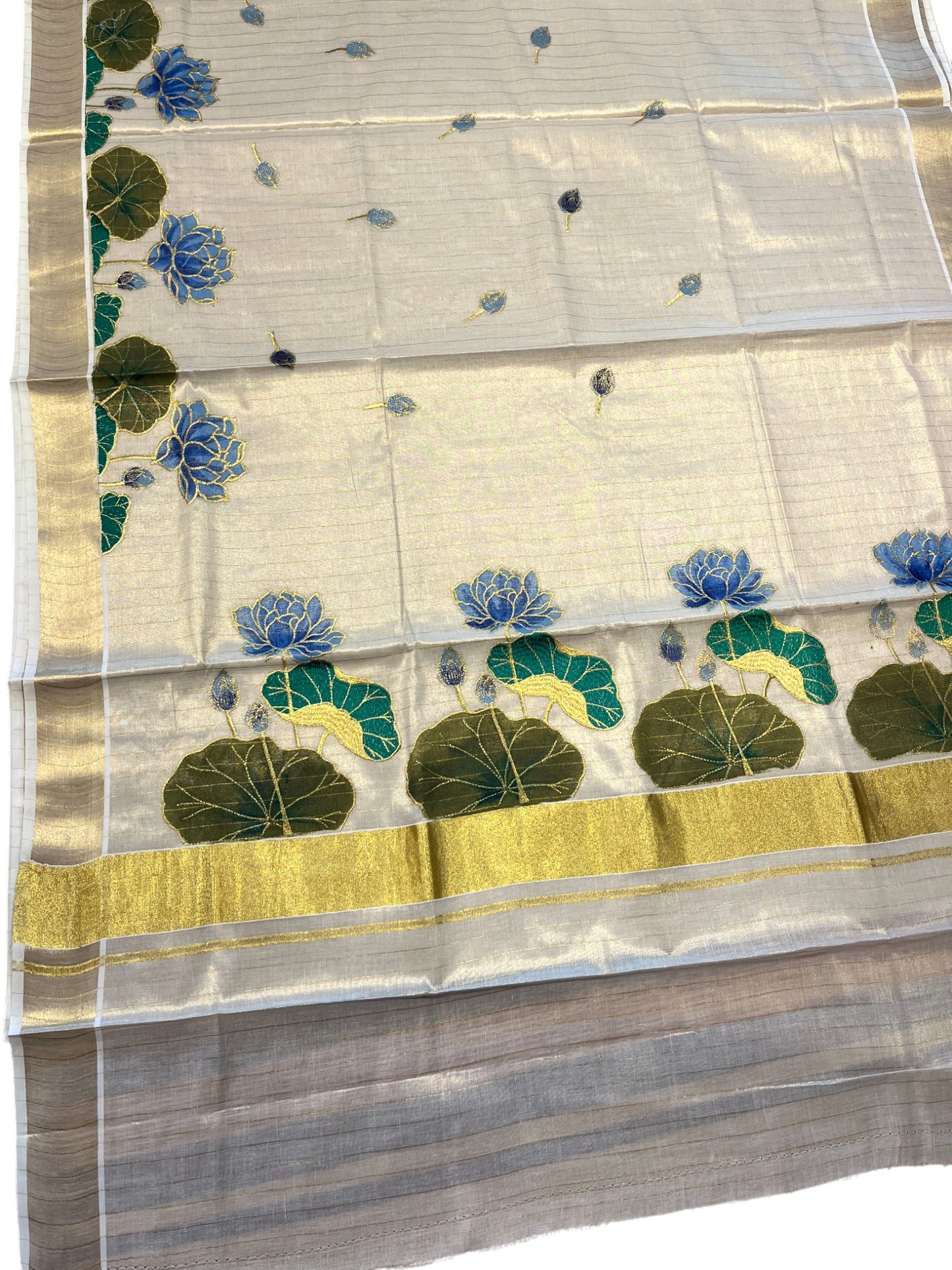 Southloom Tissue Kerala Kasavu Saree with Hand Painted Embroidery Blue Lotus Design
