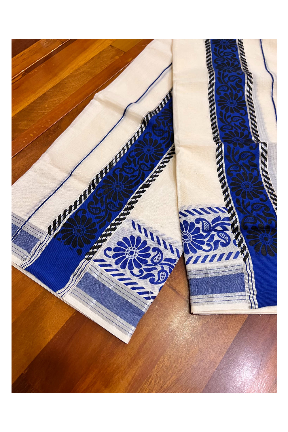 Kerala Pure Cotton Set Mundu Single (Mundum Neriyathum) with Black Block Prints on Blue Border and Silver Kasavu - 2.80Mtrs (Vishu 2024 Collection)