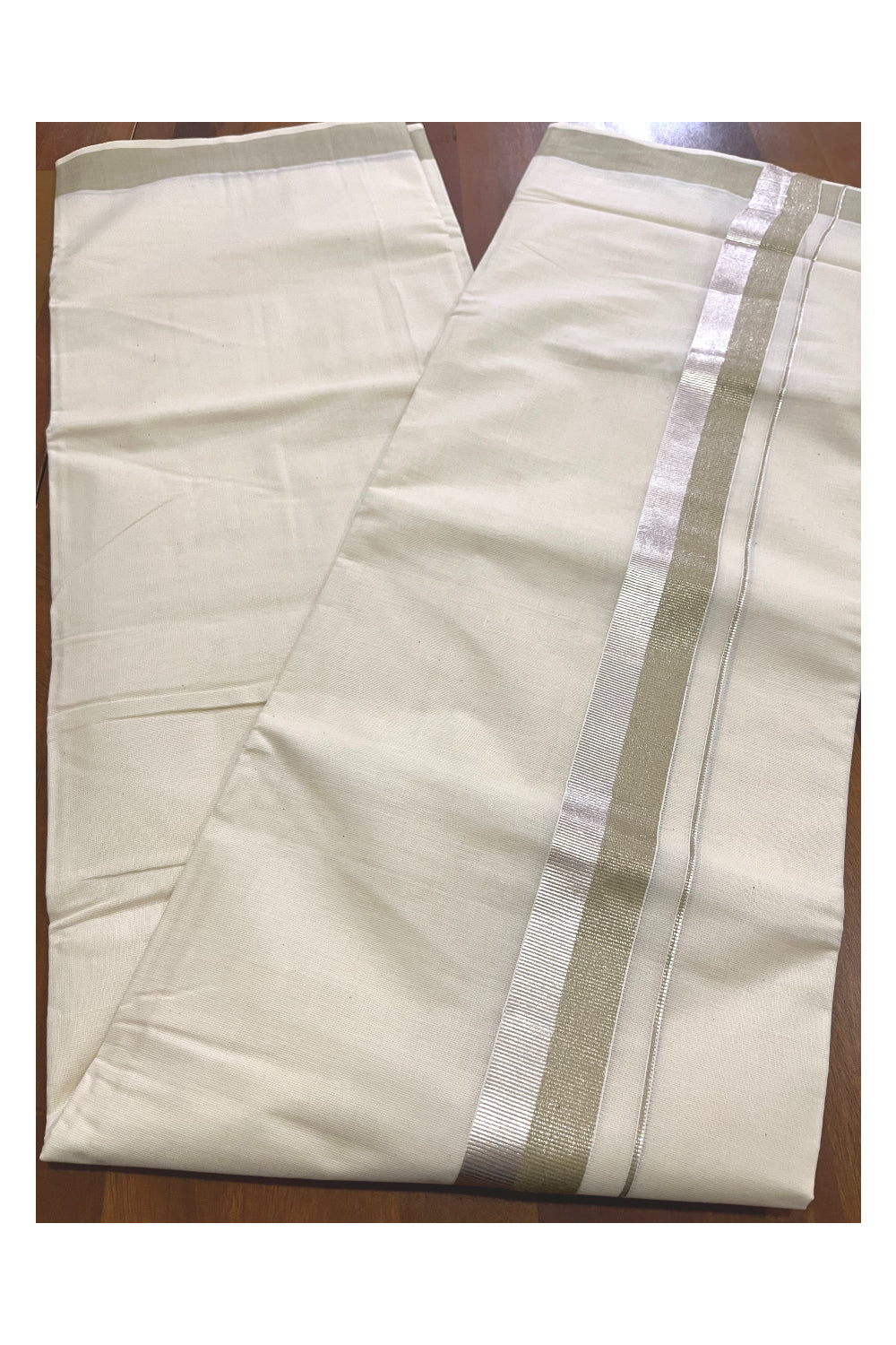 Off White Kerala Cotton Double Mundu with Silver Kasavu and Pastel Green Border (South Indian Kerala Dhoti)