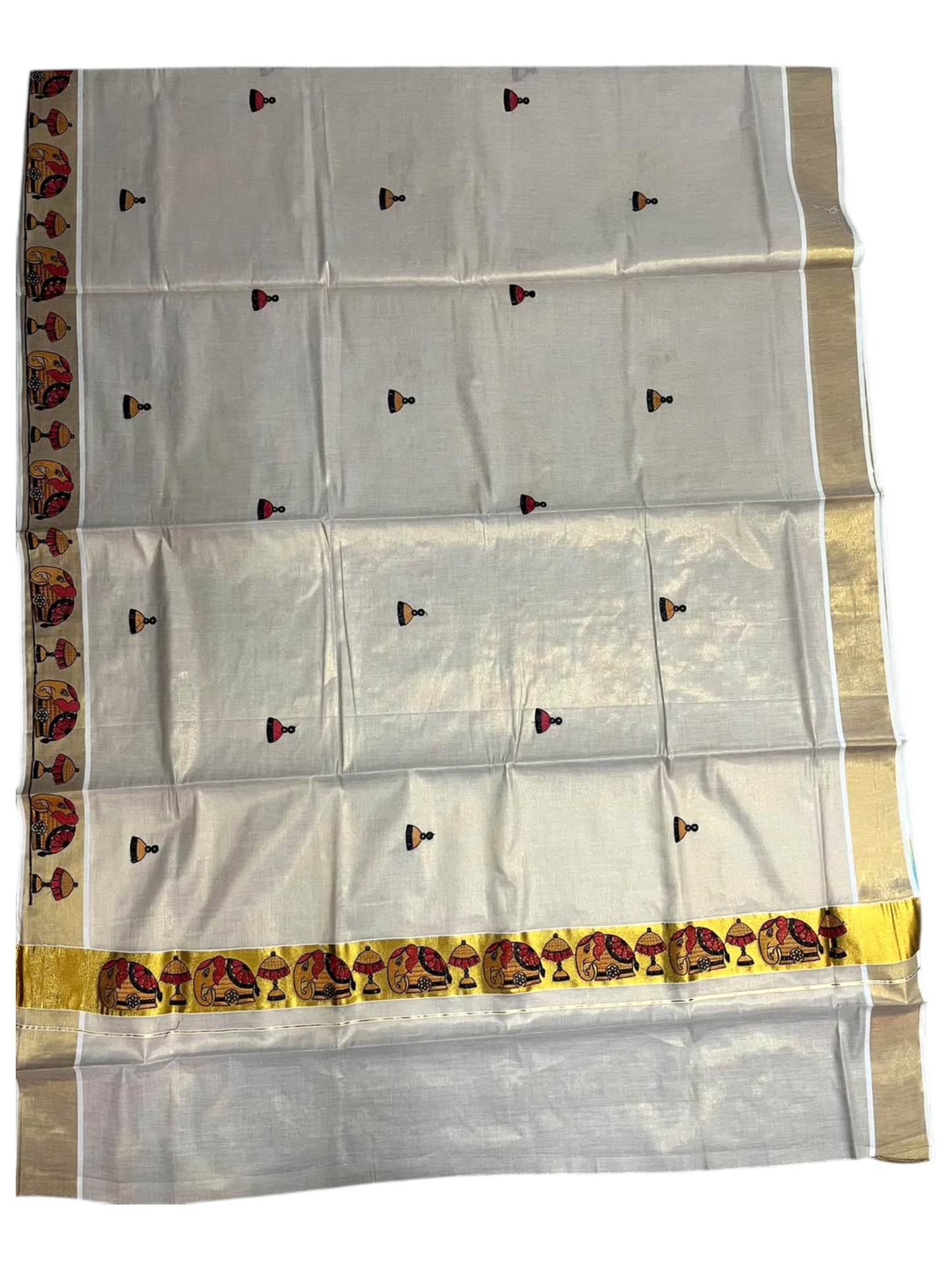 Southloom Tissue Kerala Kasavu Saree with Elephant Embroidery Design