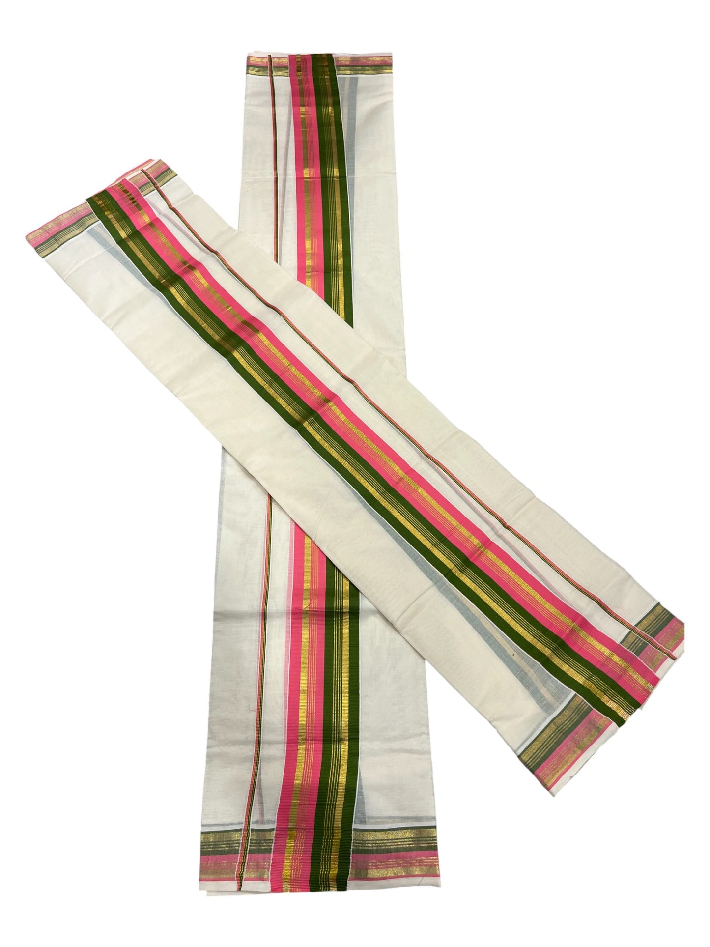 Kerala Cotton Kasavu Set Mundu (Mundum Neriyathum) with Pink and Green Border