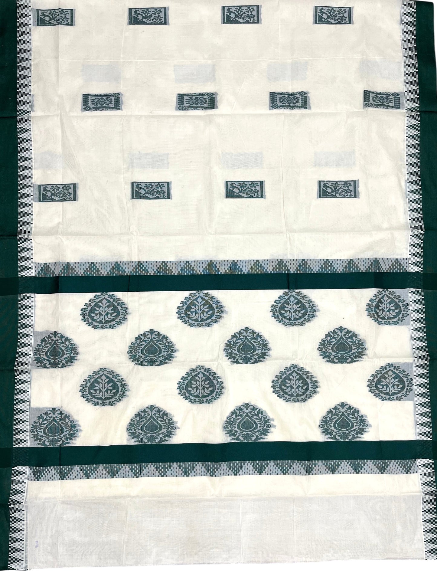 Southloom Pure Cotton Kerala Saree with Green Heavy Woven Designs and Temple Border