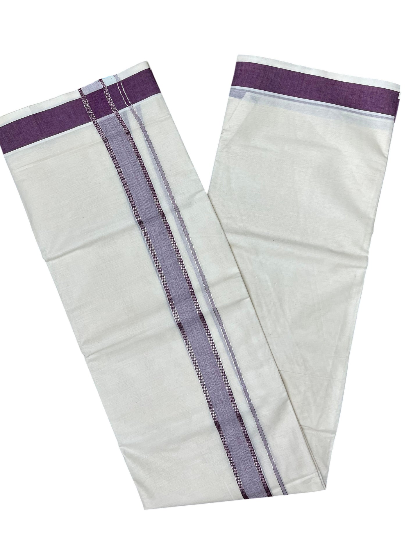 Southloom Kerala Pure Cotton Double Mundu with Silver Lines and Purple Border with (South Indian Dhoti)