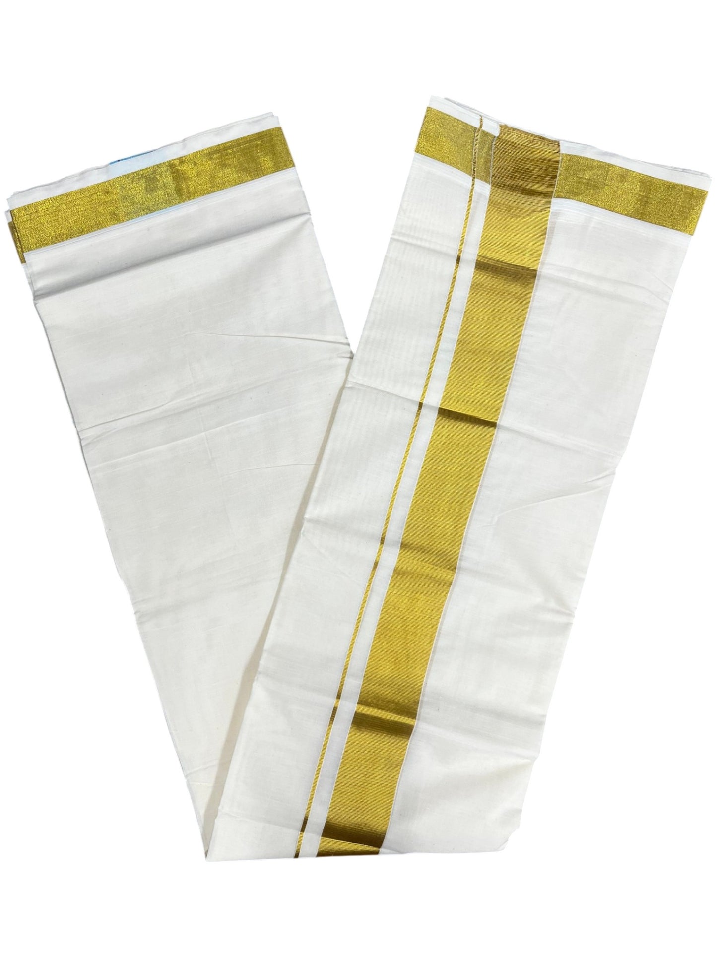 Southloom Kerala Pure Cotton Double Mundu with Gold Kasavu and Border (South Indian Dhoti)