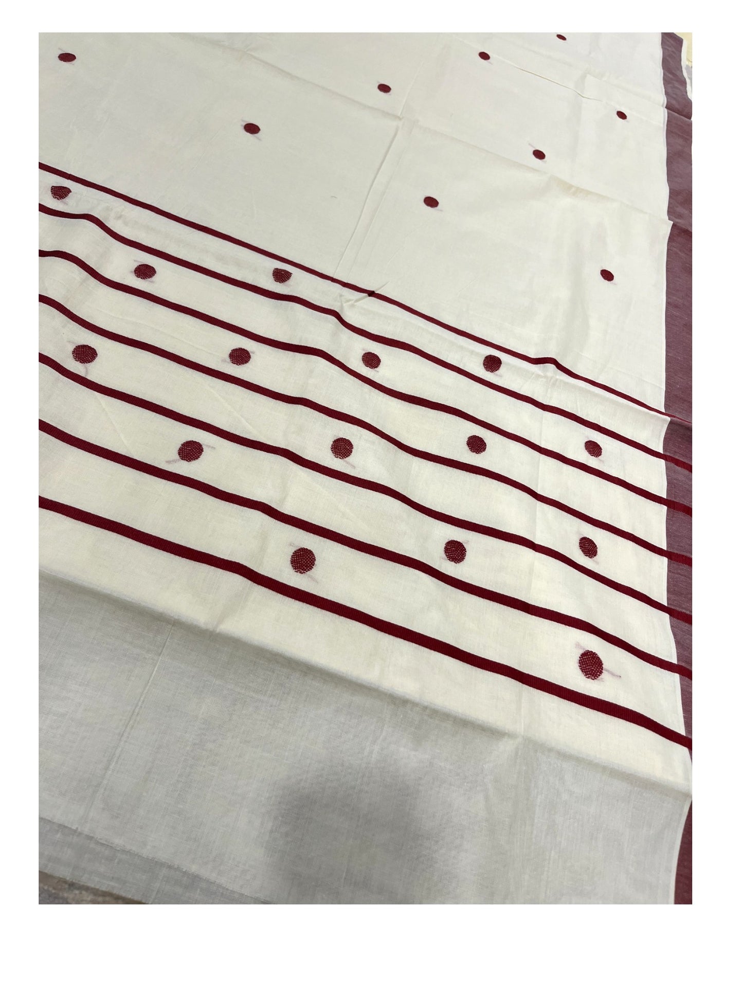 Southloom Kerala Pure Cotton Saree with Maroon Polka Embroidery Works on Body