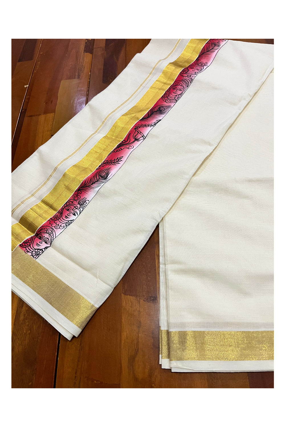 Kerala Pure Cotton Double Mundu with Mural Painted Design on Kasavu Border (South Indian Kerala Dhoti)