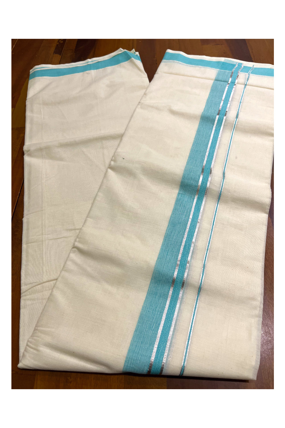 Kerala Pure Cotton Double Mundu with Silver Kasavu and Turquoise Border (South Indian Kerala Dhoti)