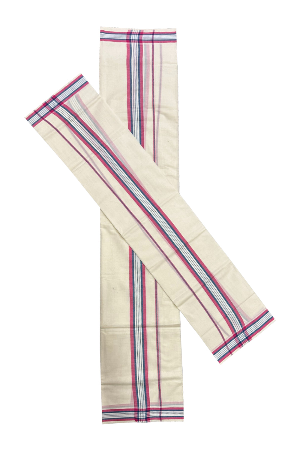 Kerala Mulloth Soft Cotton Mundum Neriyathum Single with Red and Blue Border (Onam Set Mundu 2023)