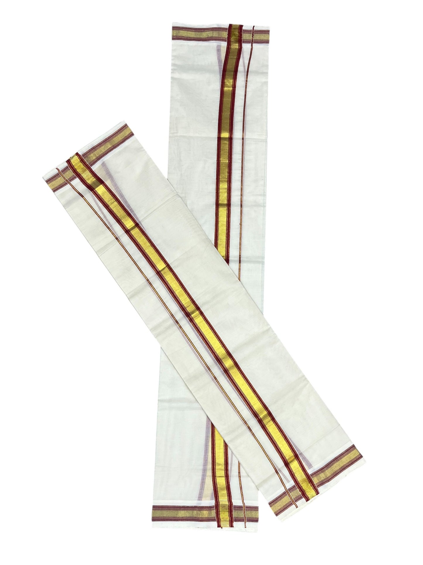 Kerala Cotton Set Mundu (Mundum Neriyathum) with Kasavu and Maroon Border 2.80 Mtrs