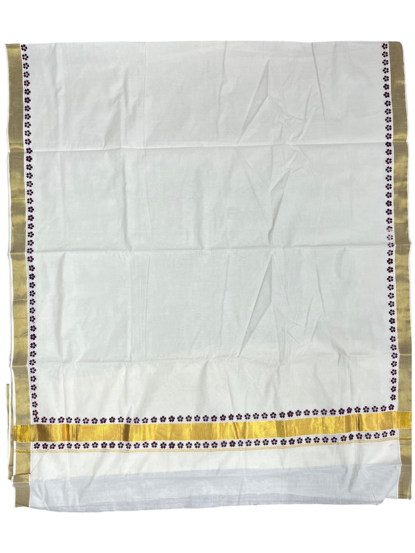Southloom Cotton Kerala Kasavu Saree with Block Printed Design on Borders and Kara