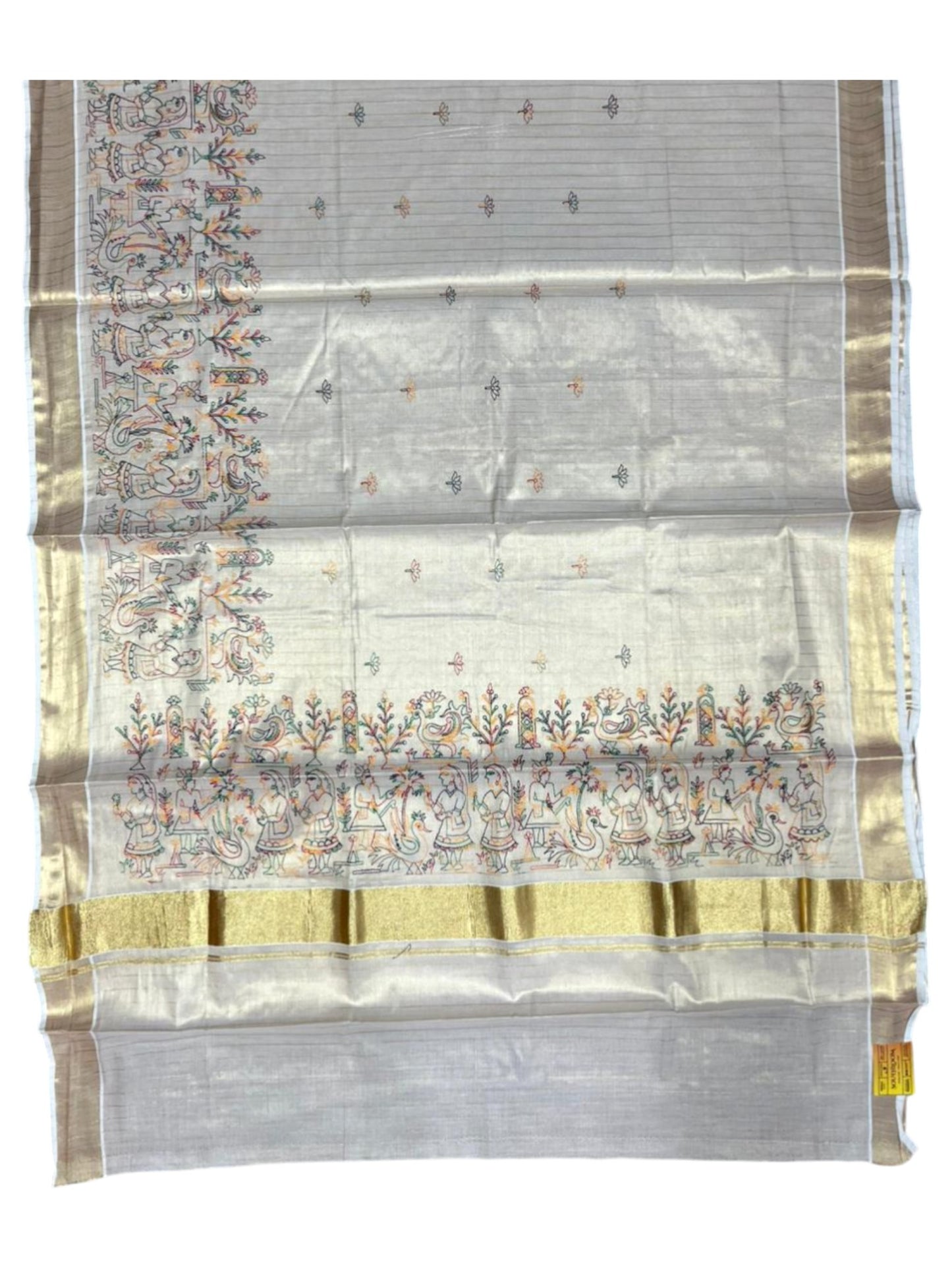 Southloom Tissue Kerala Kasavu Lines Saree with Kantha Embroidery Work on Body SL322