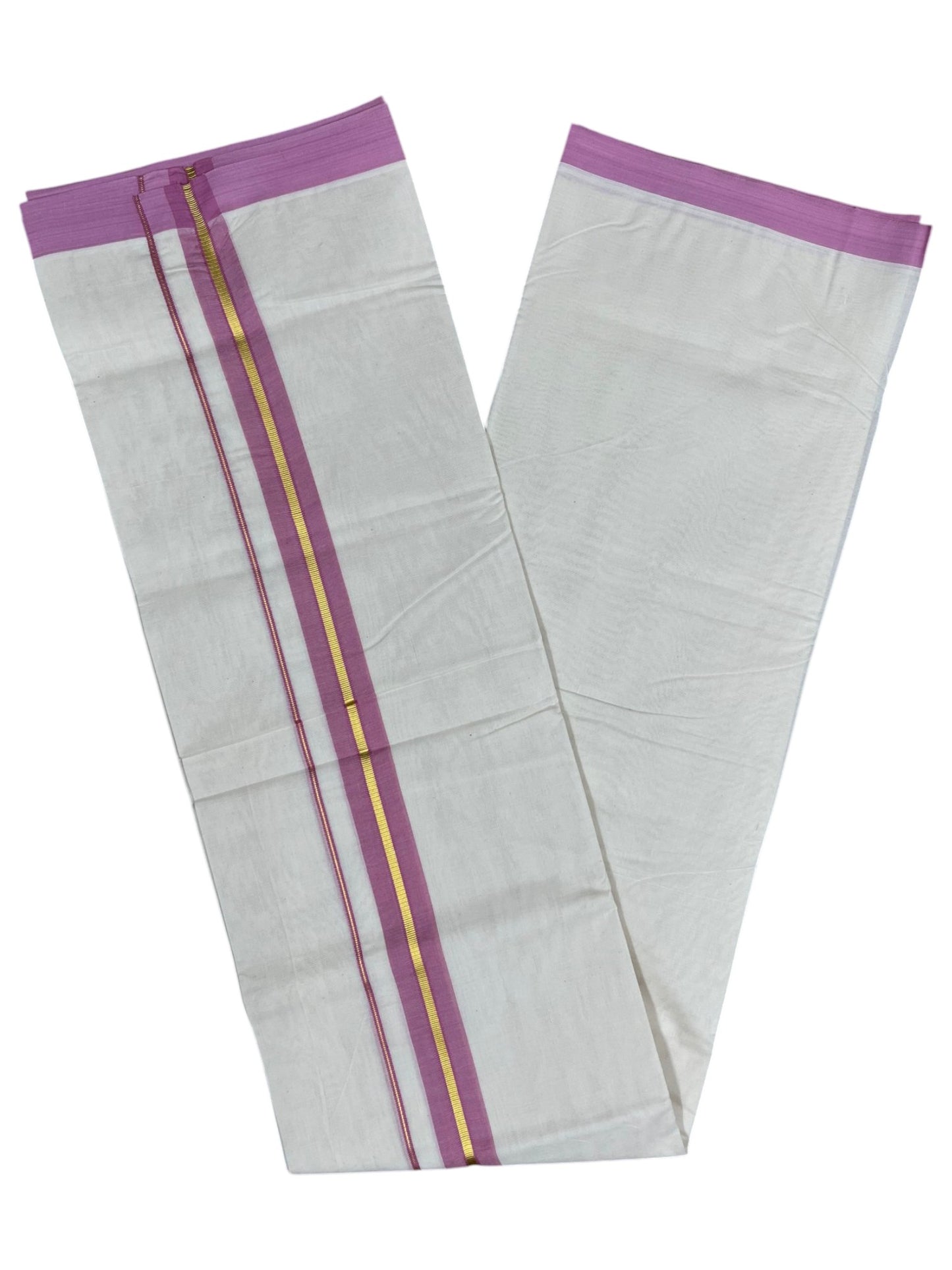 Southloom Pure Cotton Mundu with Gold Lines and Pink Border (South Indian Kerala Dhoti)