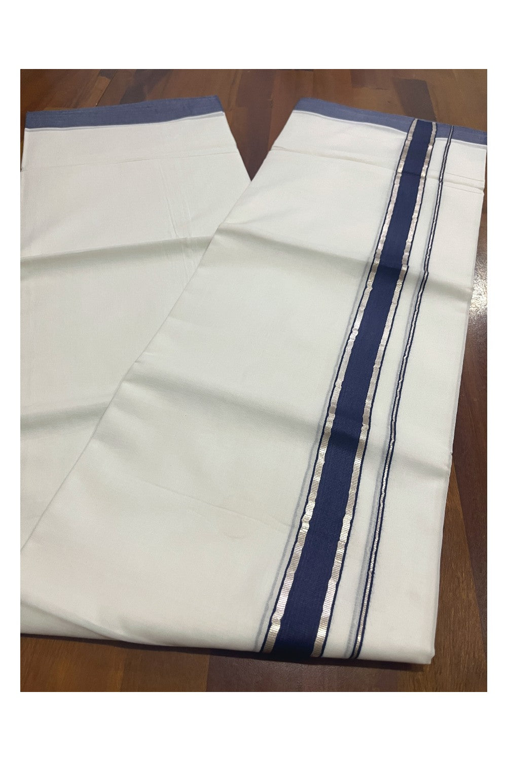 Pure White Cotton Double Mundu with Navy Blue and Silver Kasavu Border (South Indian Kerala Dhoti)