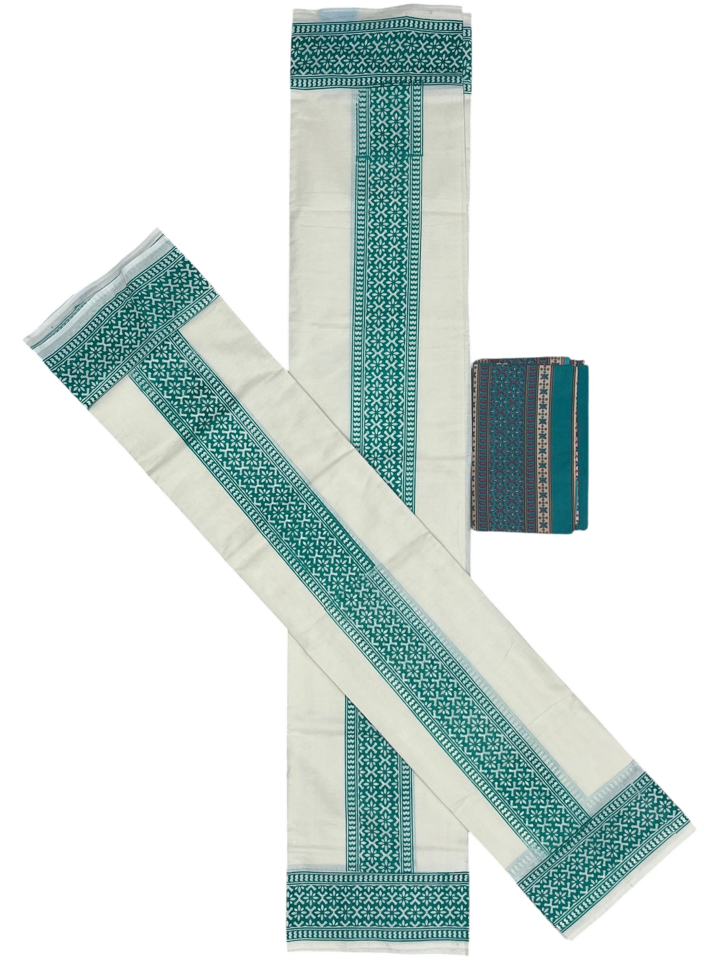 Southloom Green Block Printed Set Mundu with Blouse Piece 2.80Mtrs