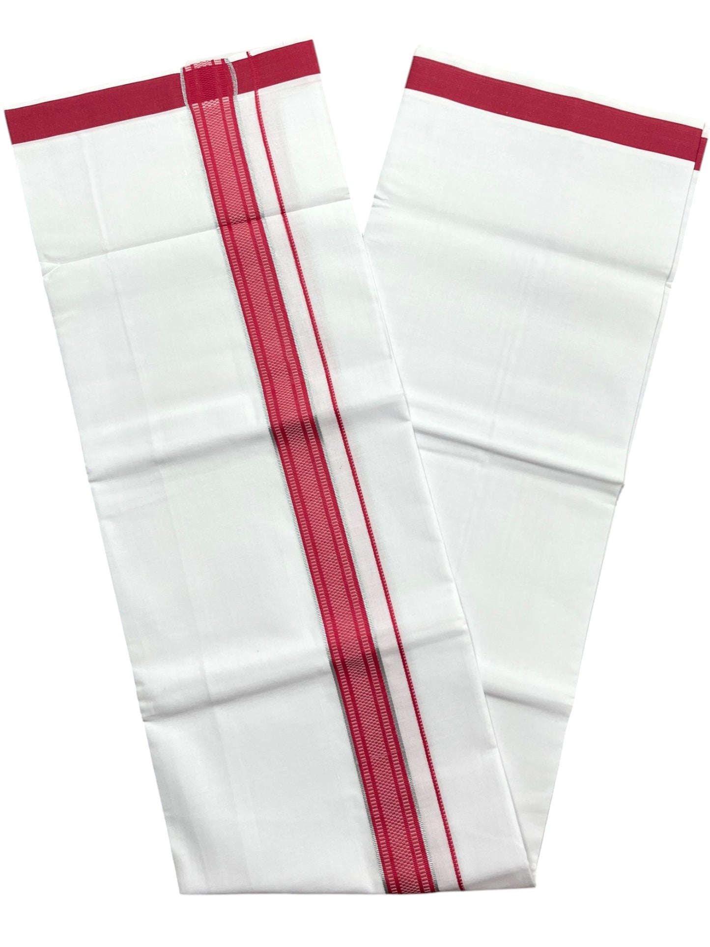 Southloom Pure White Cotton Mundu with Silver Line & Dark Pink Border (South Indian Kerala Dhoti)