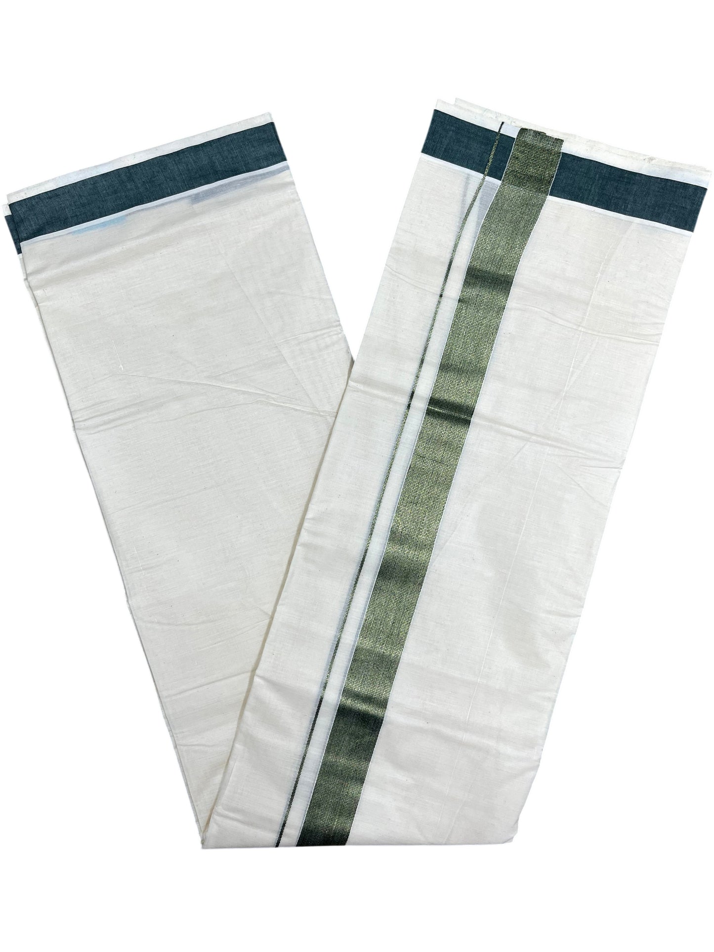 Southloom Kerala Pure Cotton Double Mundu with Green Border (South Indian Dhoti)