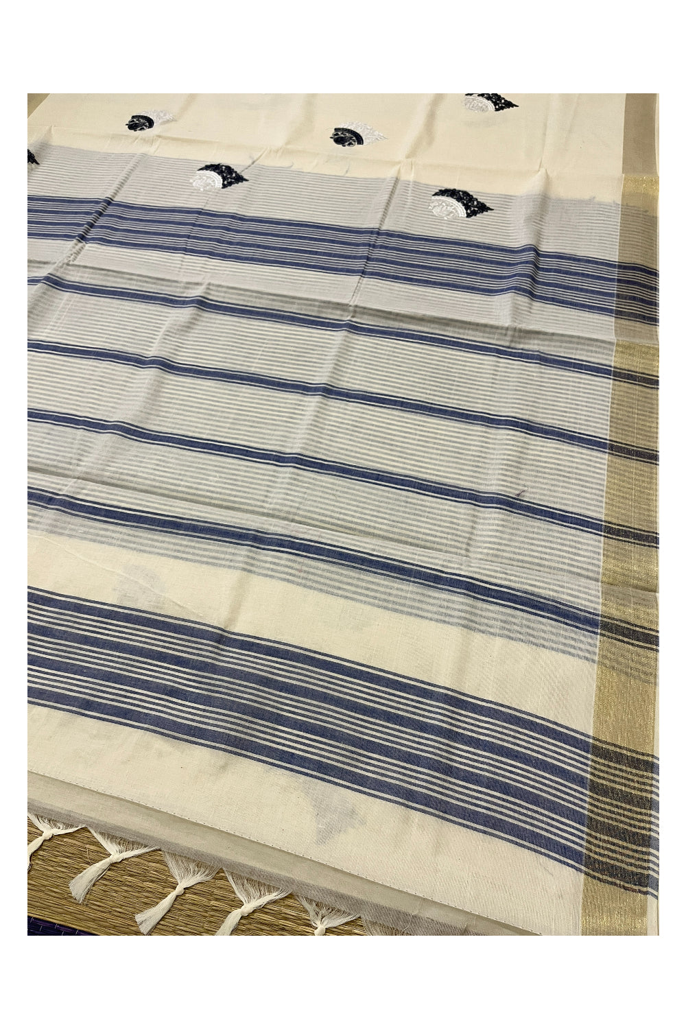 Pure Cotton Kerala Saree with Blue Floral Embroidery Work and Kasavu Border