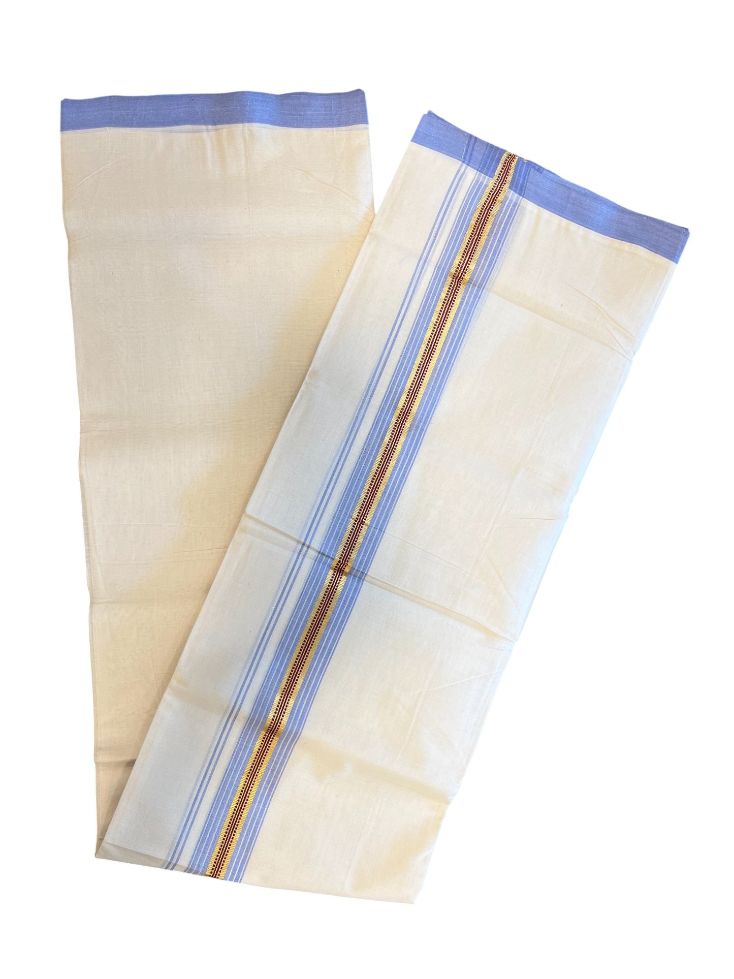 Southloom Premium Handloom Cotton Double Mundu with Gold and Blue Border