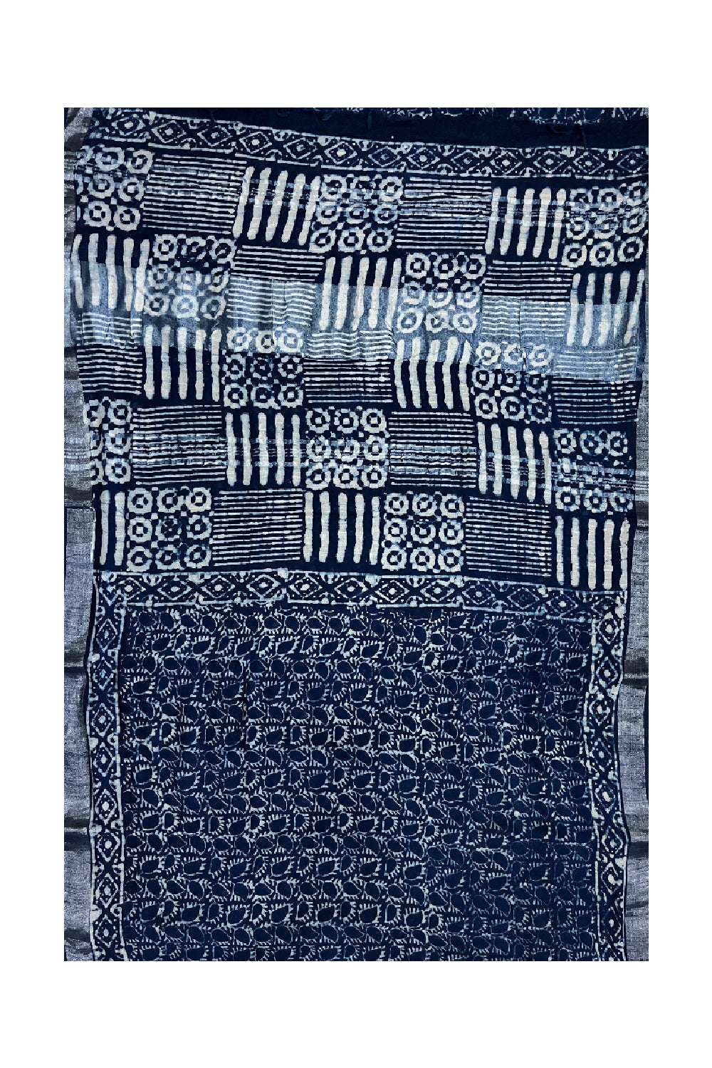 Southloom Linen Indigo Blue Saree with White Designer Prints and Tassels works on Pallu