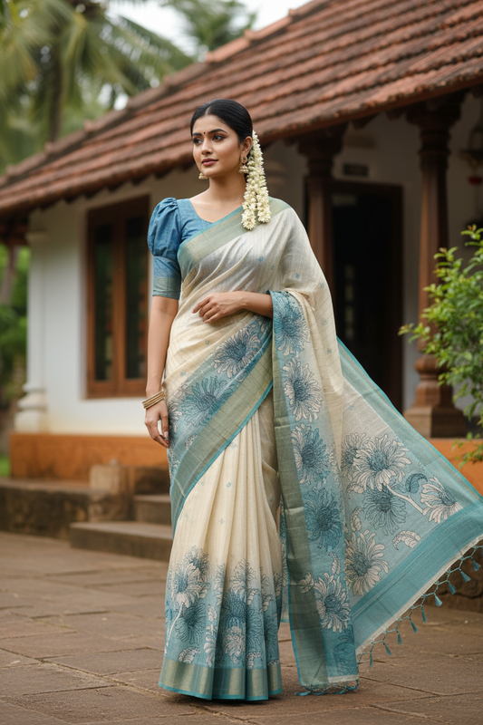Southloom Saree with Floral Works Across Body in Blue