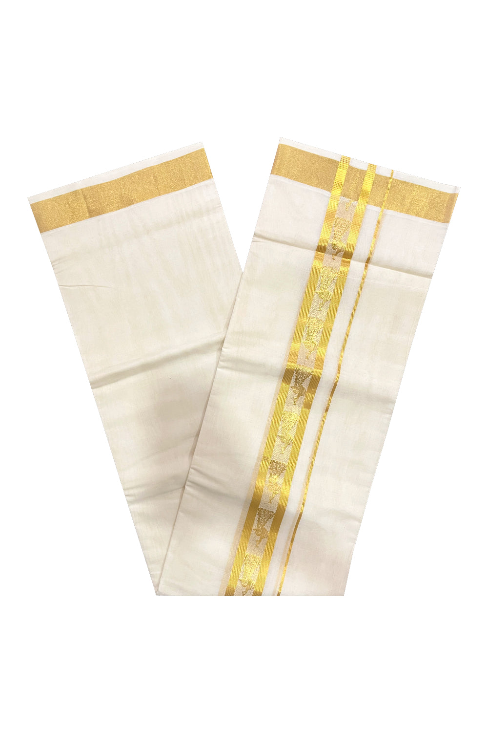 Southloom Premium Handloom Cotton Mundu with Kasavu Peacock Woven Border (South Indian Kerala Dhoti)