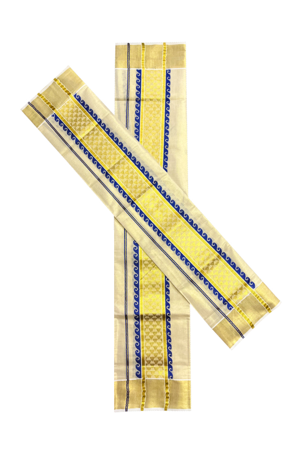 Kerala Tissue Single Set Mundu (Mundum Neriyathum) with Blue and Kasavu Woven Border 2.80 Mtrs (Vishu 2024 Collection)