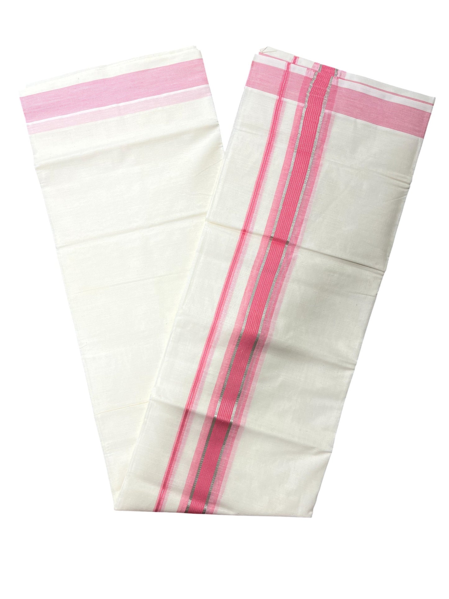 Southloom Kerala Pure Cotton Double Mundu with Silver Lines & Pink Border (South Indian Dhoti)